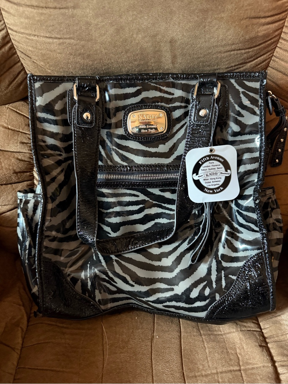 Kathy Van Zeeland Black and White Zebra Tote with Glossy Trim